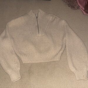 Garage Cream Ribbed Half-Zip Cropped Turtleneck Sweater